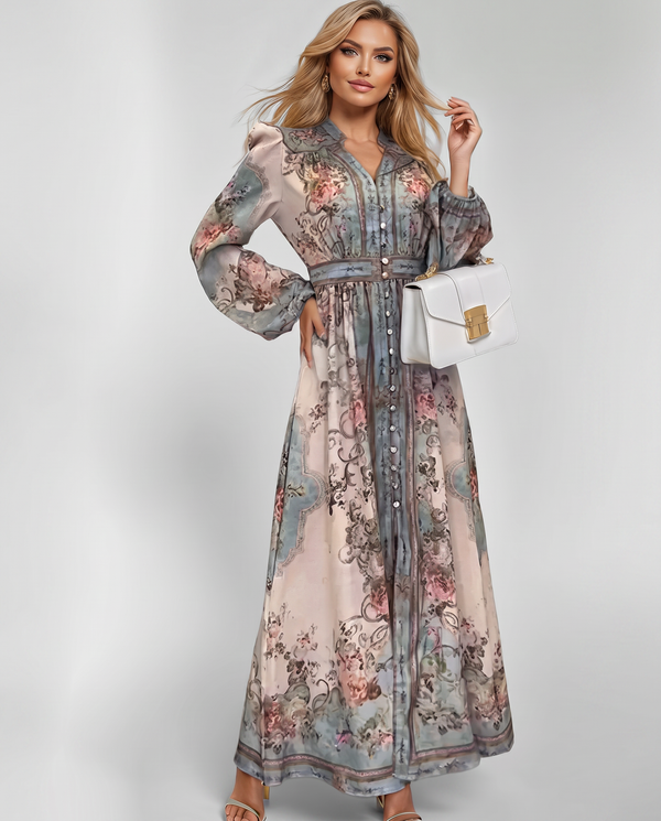 Floral Print Puff Sleeve Belted Button-Down Maxi Dress