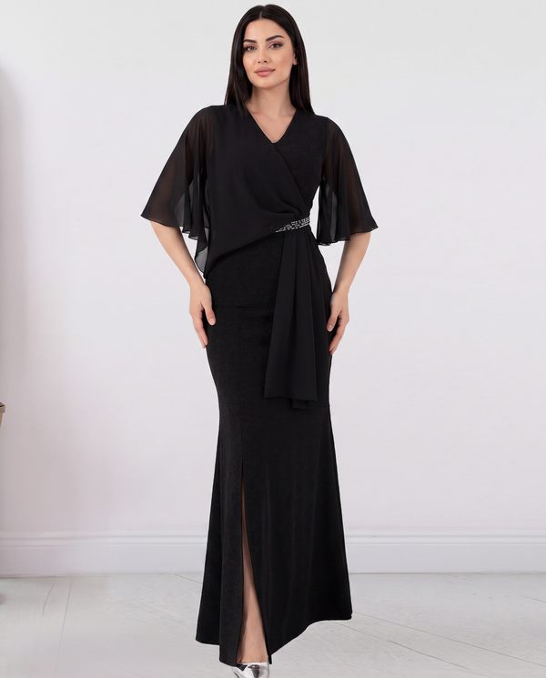 V-Neck Flutter Sleeve Rhinestone Belt Maxi Dress with Slit