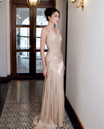 Champagne V-Neck Halter Ruched Draped Pleated Maxi Dress