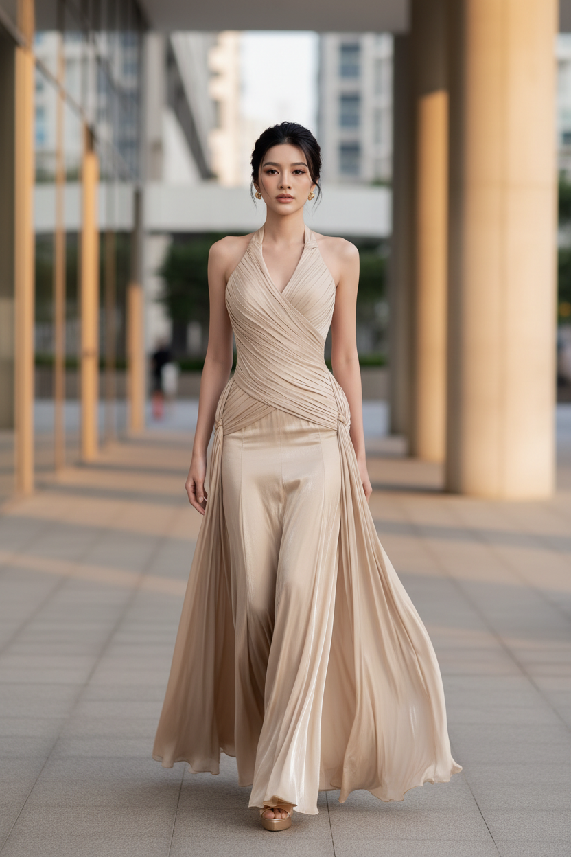 Champagne V-Neck Halter Ruched Draped Pleated Maxi Dress