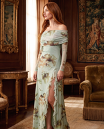 Floral Print Off-Shoulder Ruched Long Sleeve Maxi Dress