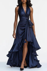 Ruffled Halter Neck Belted Maxi Dress in navy by ALE AVENA – front view