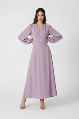 V-Neck Balloon Sleeve Ruched Maxi Dress by ALE AVENA – full length view