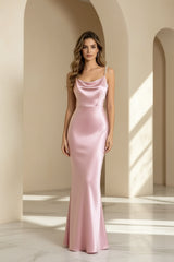 Pearl Strap Cowl Neck Satin Maxi Dress in lotus by ALE AVENA – front view