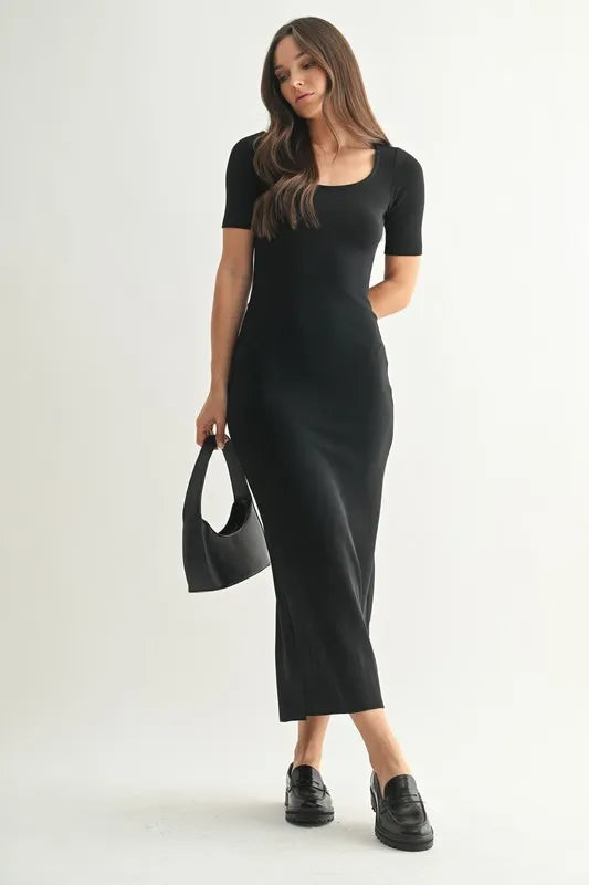 MONO B Laguna Soft Drape Maxi Dress in black by ALE AVENA – front view