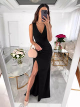 V-Neck Ruched High Slit Maxi Dress by ALE AVENA – full length view