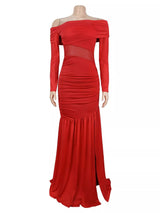 Off-Shoulder Mesh Panel Ruched Maxi Dress by ALE AVENA – full length view