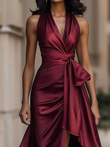 Ruffled Halter Neck Belted Maxi Dress in black by ALE AVENA – front view