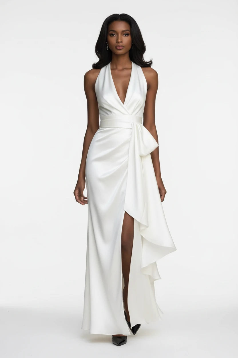 Ruffled Halter Neck Belted Maxi Dress in white by ALE AVENA – front view