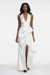Ruffled Halter Neck Belted Maxi Dress in white by ALE AVENA – front view