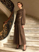 Mocha Brown Asymmetric Draped Maxi Dress by ALE AVENA – waist cutout detail