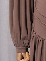 Mocha Brown Asymmetric Draped Maxi Dress by ALE AVENA – full length view