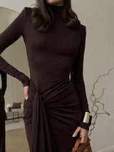 Turtleneck Tie-Waist Long Sleeve Maxi Dress in black by ALE AVENA – side view