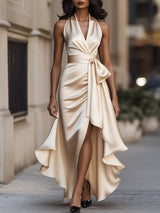 Ruffled Halter Neck Belted Maxi Dress in tan by ALE AVENA – side view
