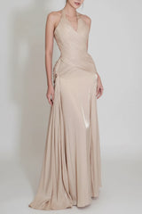 Champagne Halter Ruched Maxi Dress by ALE AVENA – side view