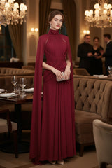 Deep Red Ruched Halter Maxi Dress with Cape Overlay by ALE AVENA – back view
