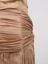 Champagne Halter Ruched Maxi Dress by ALE AVENA – hemline detail