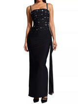 Rhinestone Draped Slit Maxi Dress by ALE AVENA – side view