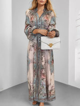 Floral Print Puff Sleeve Belted Maxi Dress by ALE AVENA – button-down front and belt detail