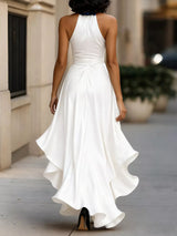 Ruffled Halter Neck Belted Maxi Dress in white by ALE AVENA – side view
