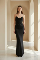 Pearl Strap Cowl Neck Satin Maxi Dress by ALE AVENA – cowl neckline detail