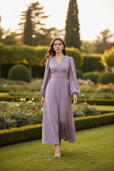 V-Neck Balloon Sleeve Ruched Maxi Dress by ALE AVENA – balloon sleeve detail