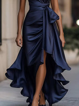 Ruffled Halter Neck Belted Maxi Dress in tan by ALE AVENA – front view